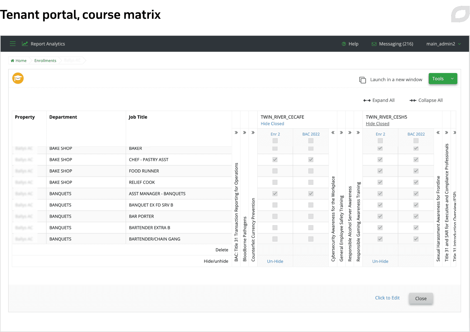 Tenant portal, course matrix
