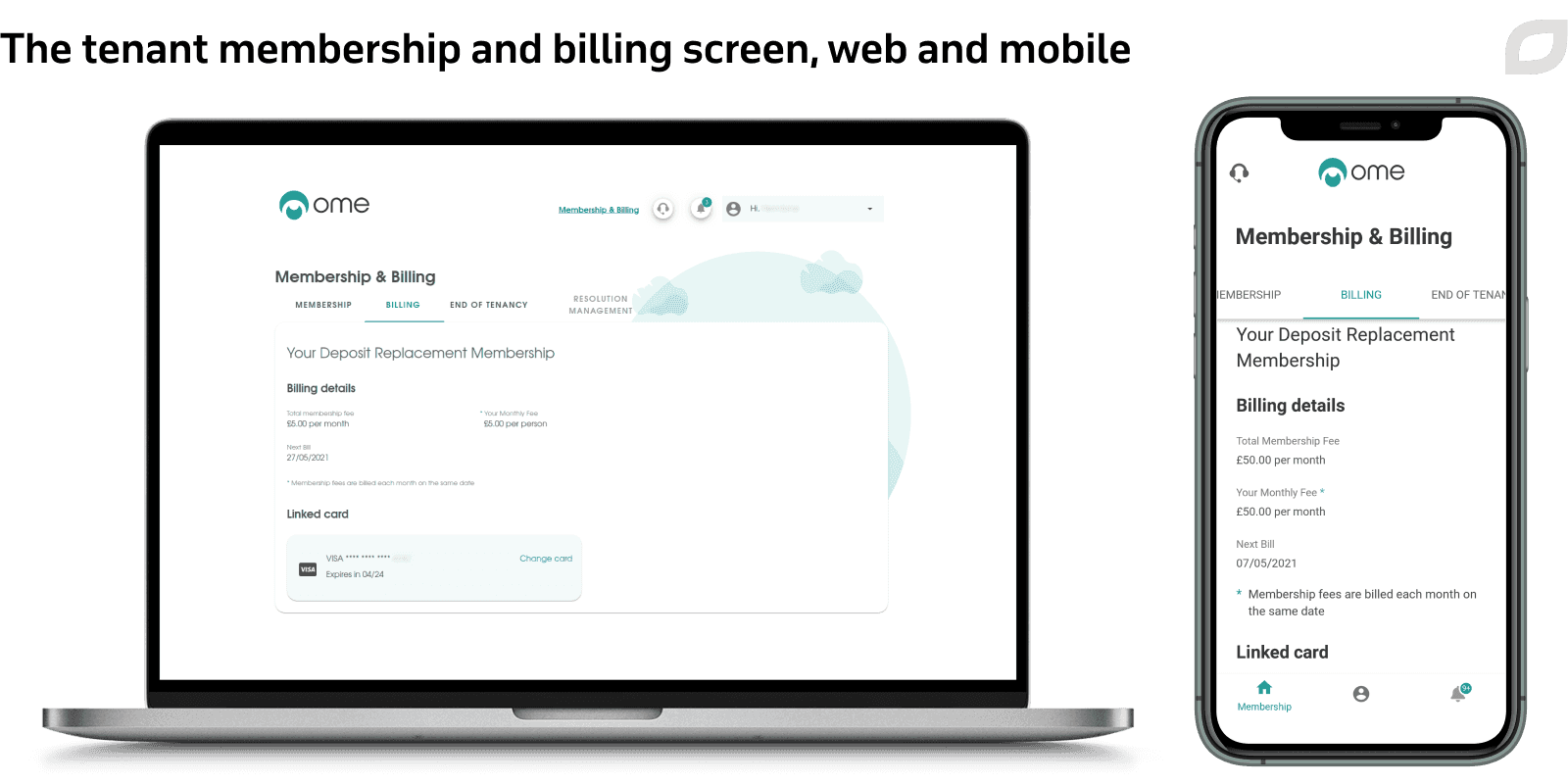 The tenant membership and billing screen, web and mobile