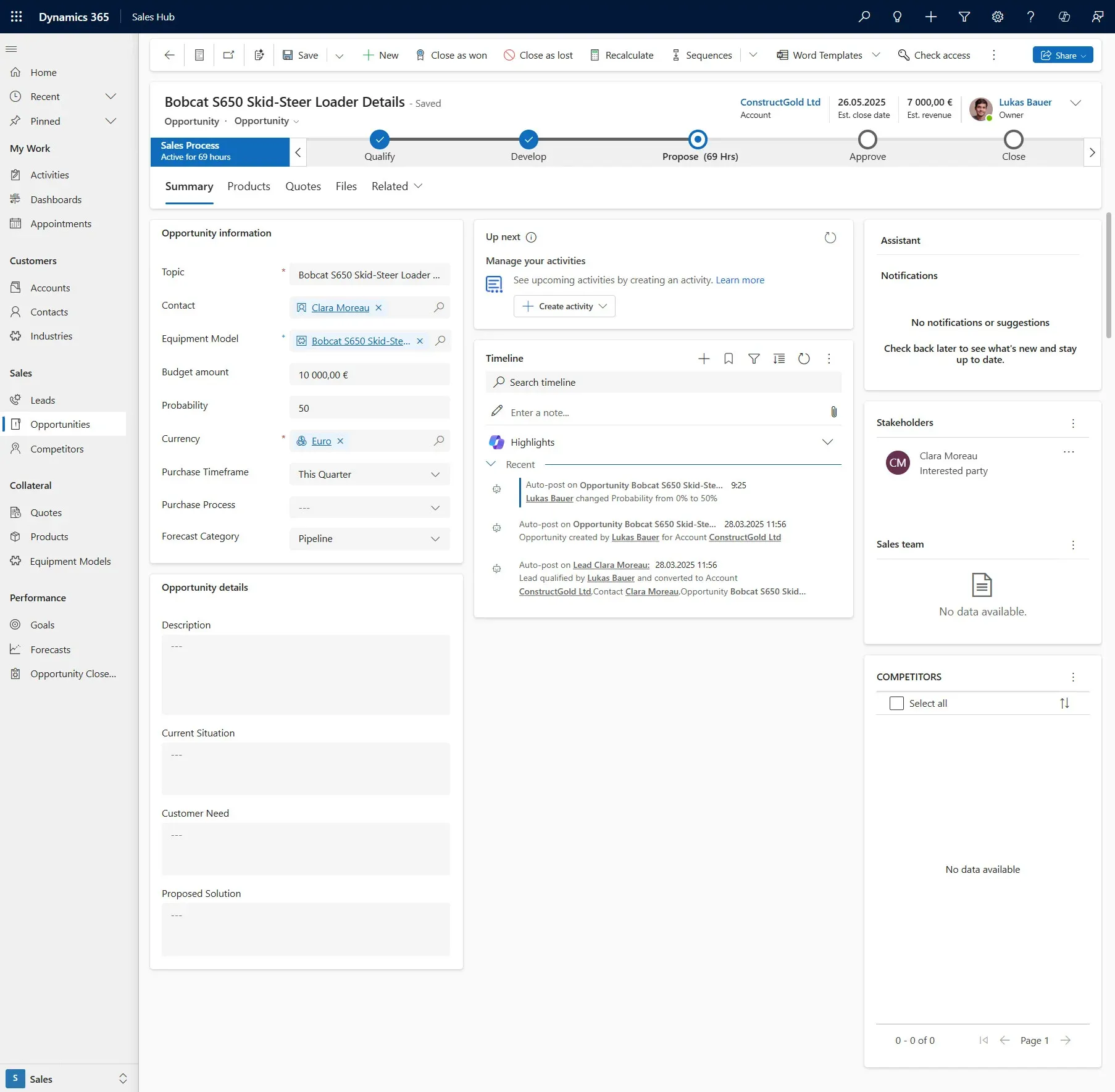 Oberfläche der Sales Hub-App in Dynamics 365 Sales
