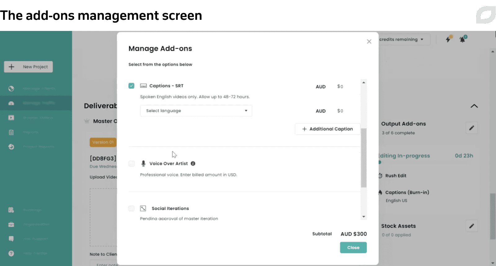 The add-ons management screen