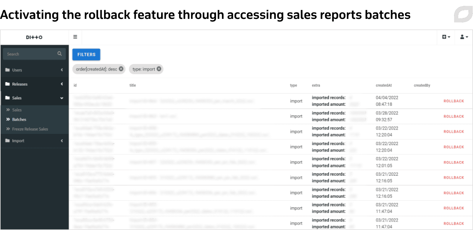 Activating the rollback feature through accessing sales reports batches