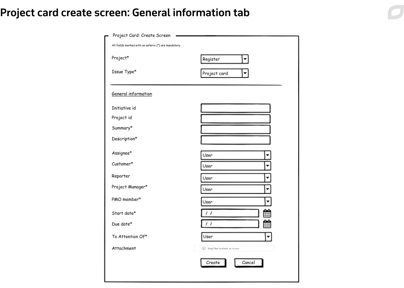 Project card create screen: General information tab