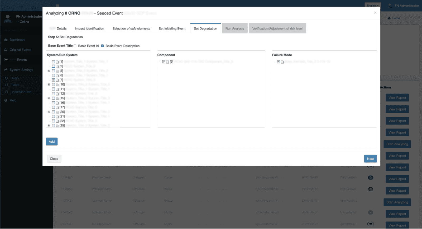 Setting degradation description (location in the system, component, and failure mode)