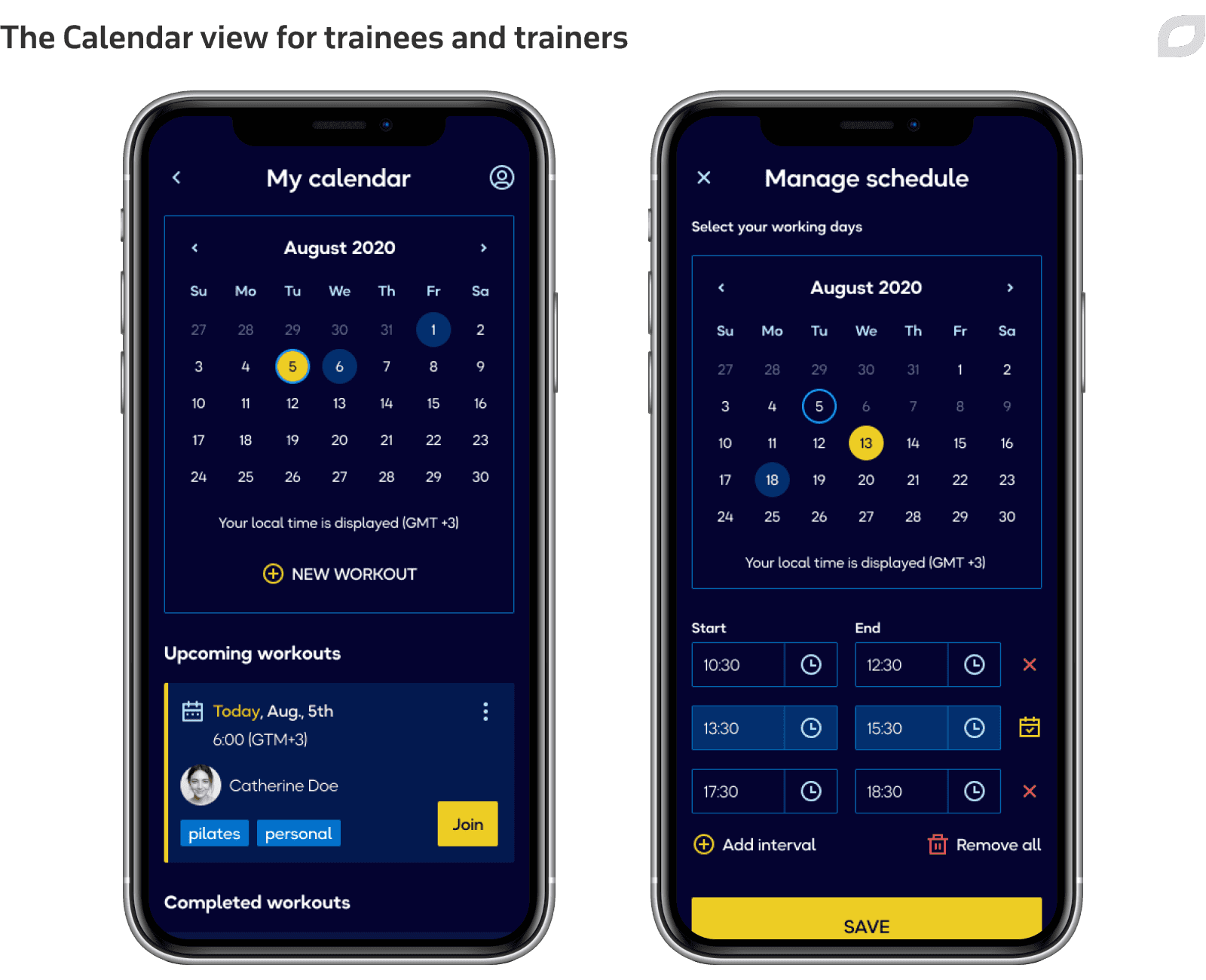 The Calendar view for trainees and trainers