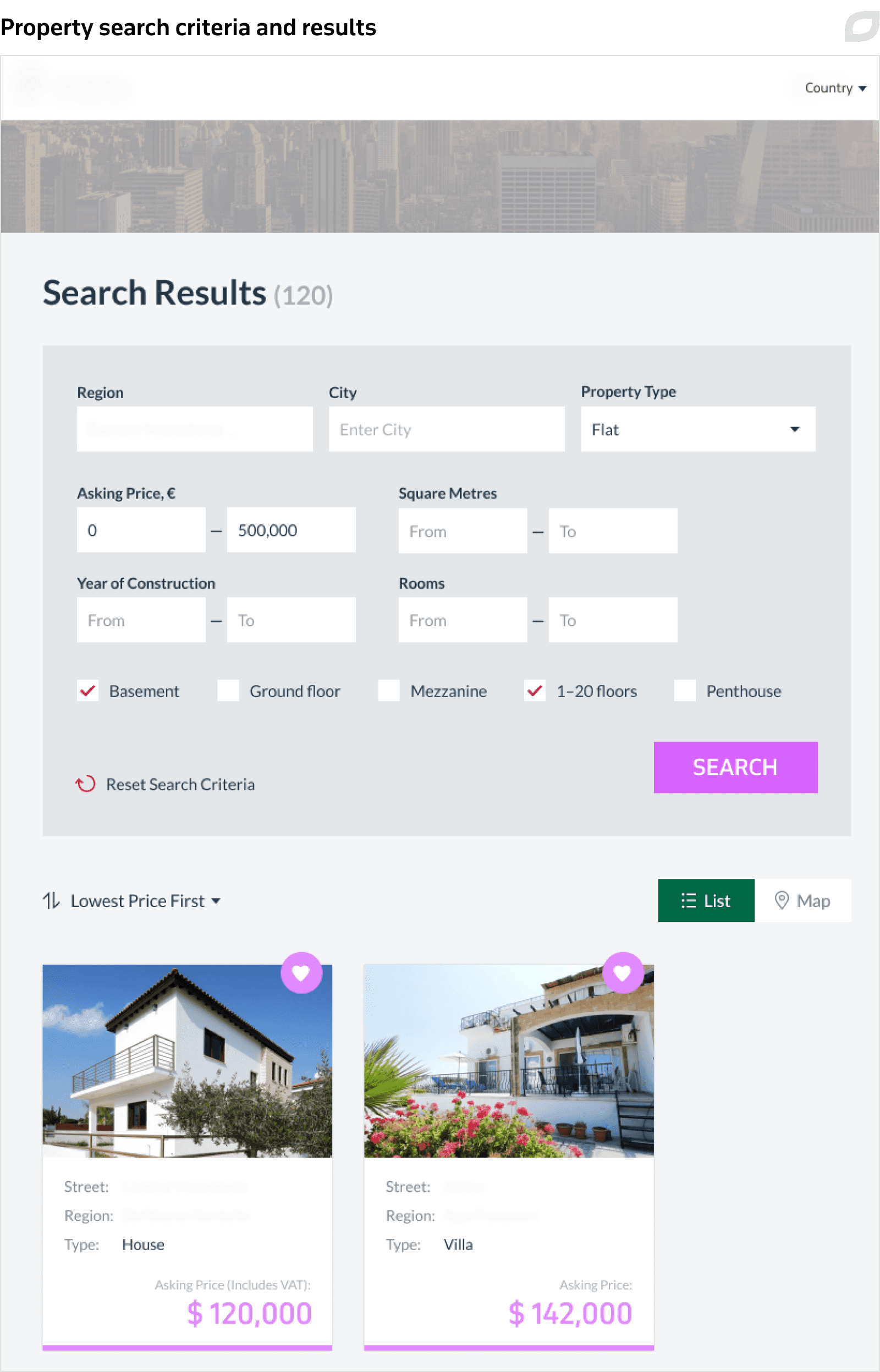 Property search criteria and results