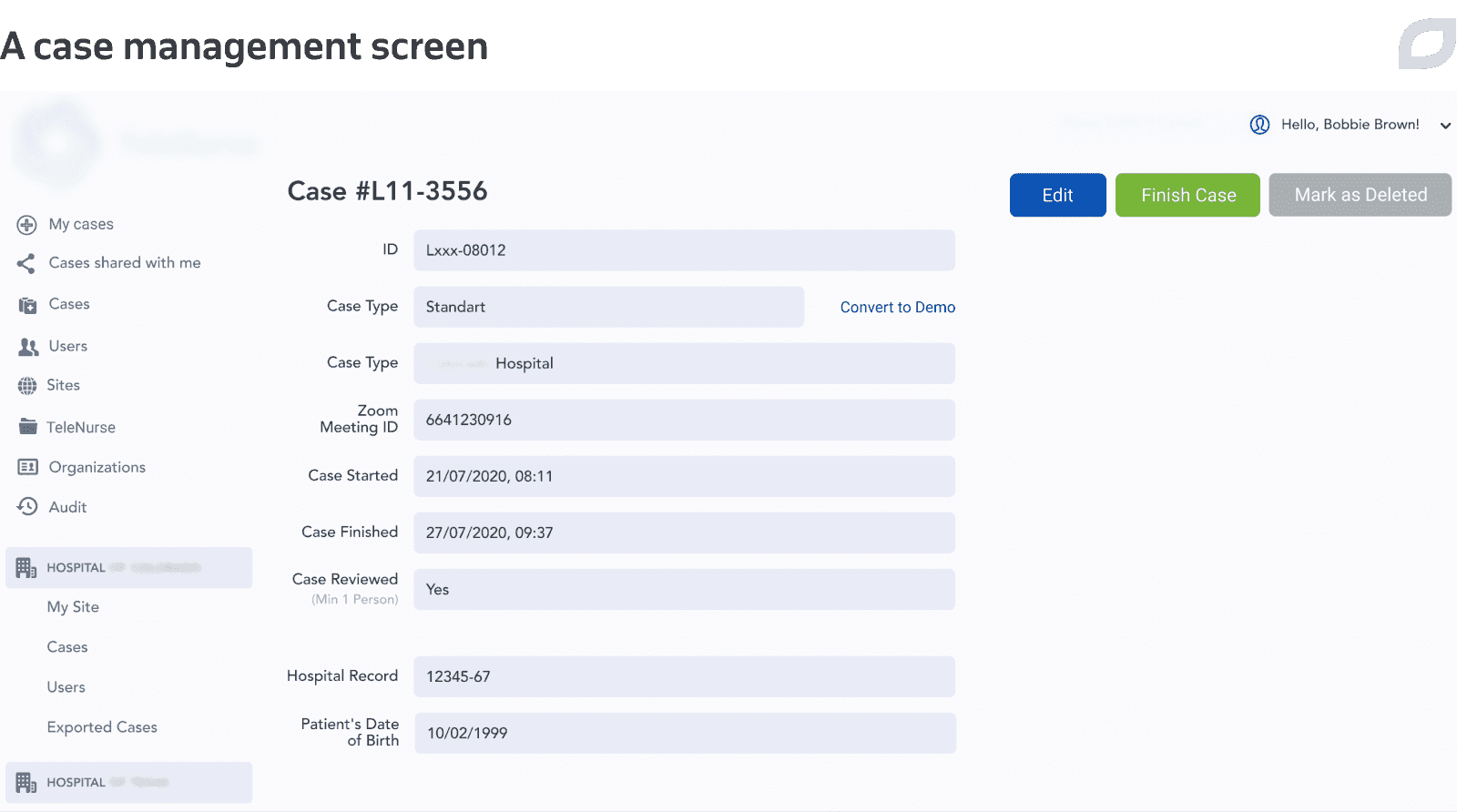 A case management screen