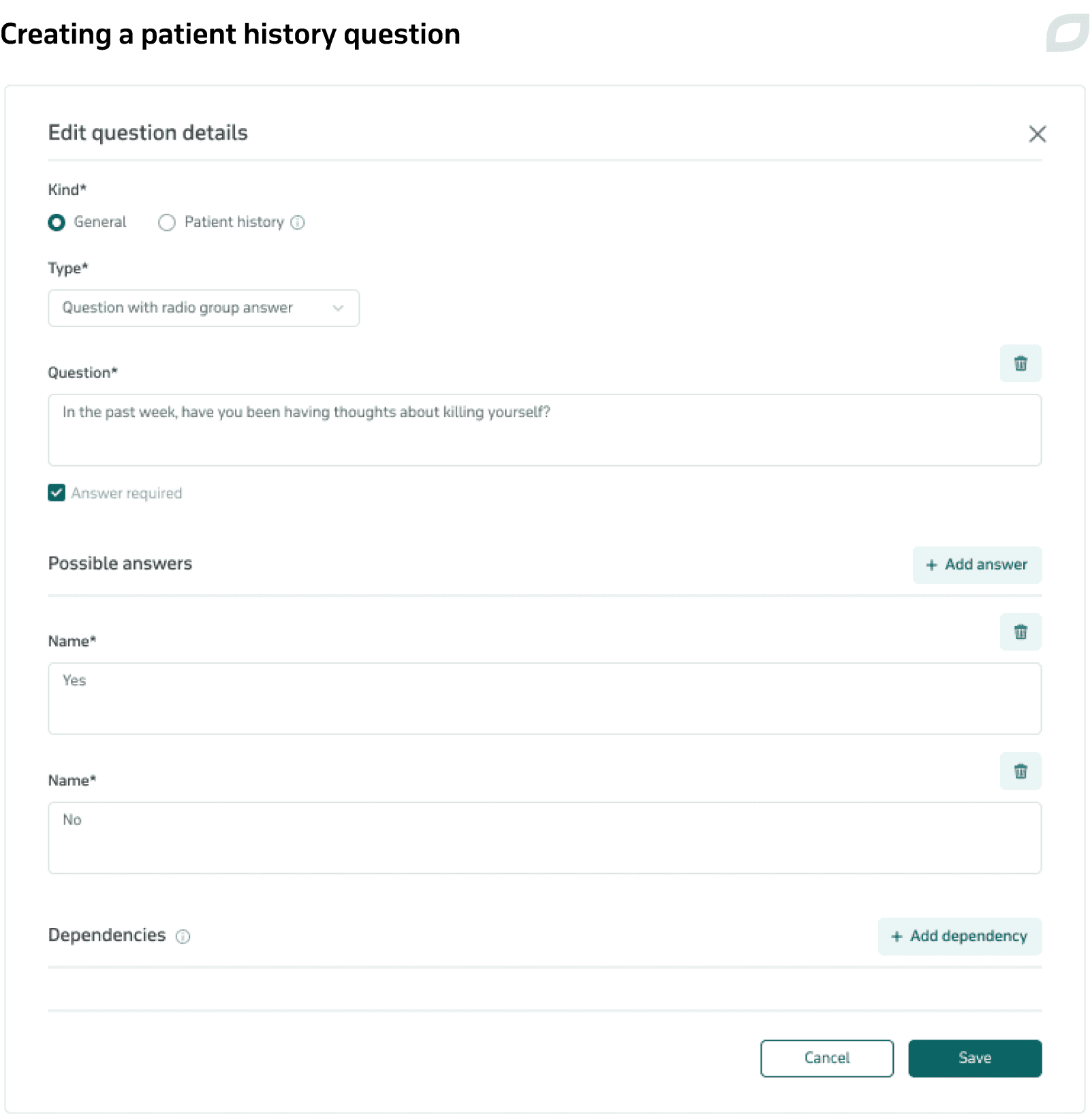 Creating a patient history question