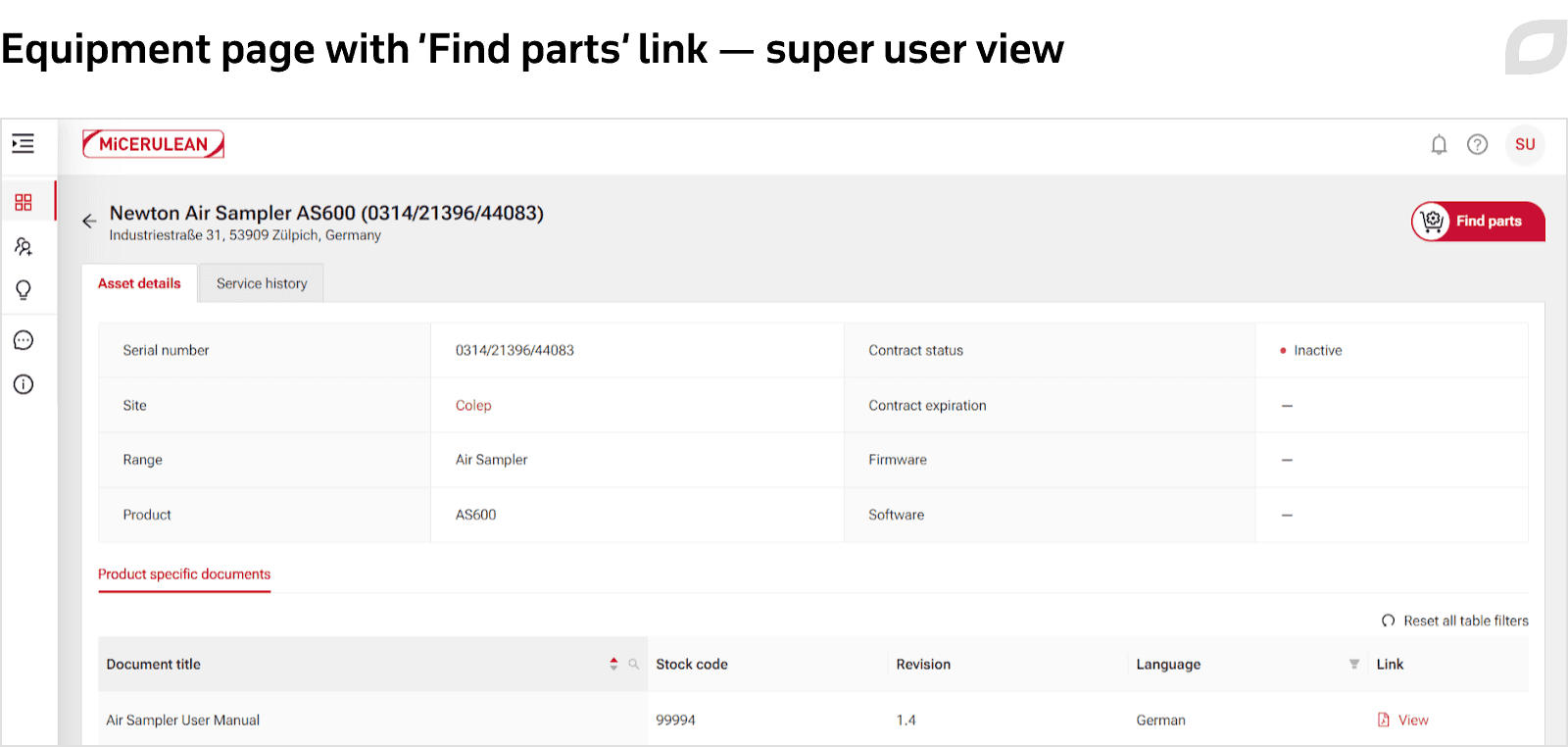Equipment page with ‘Find parts’ link - super user view