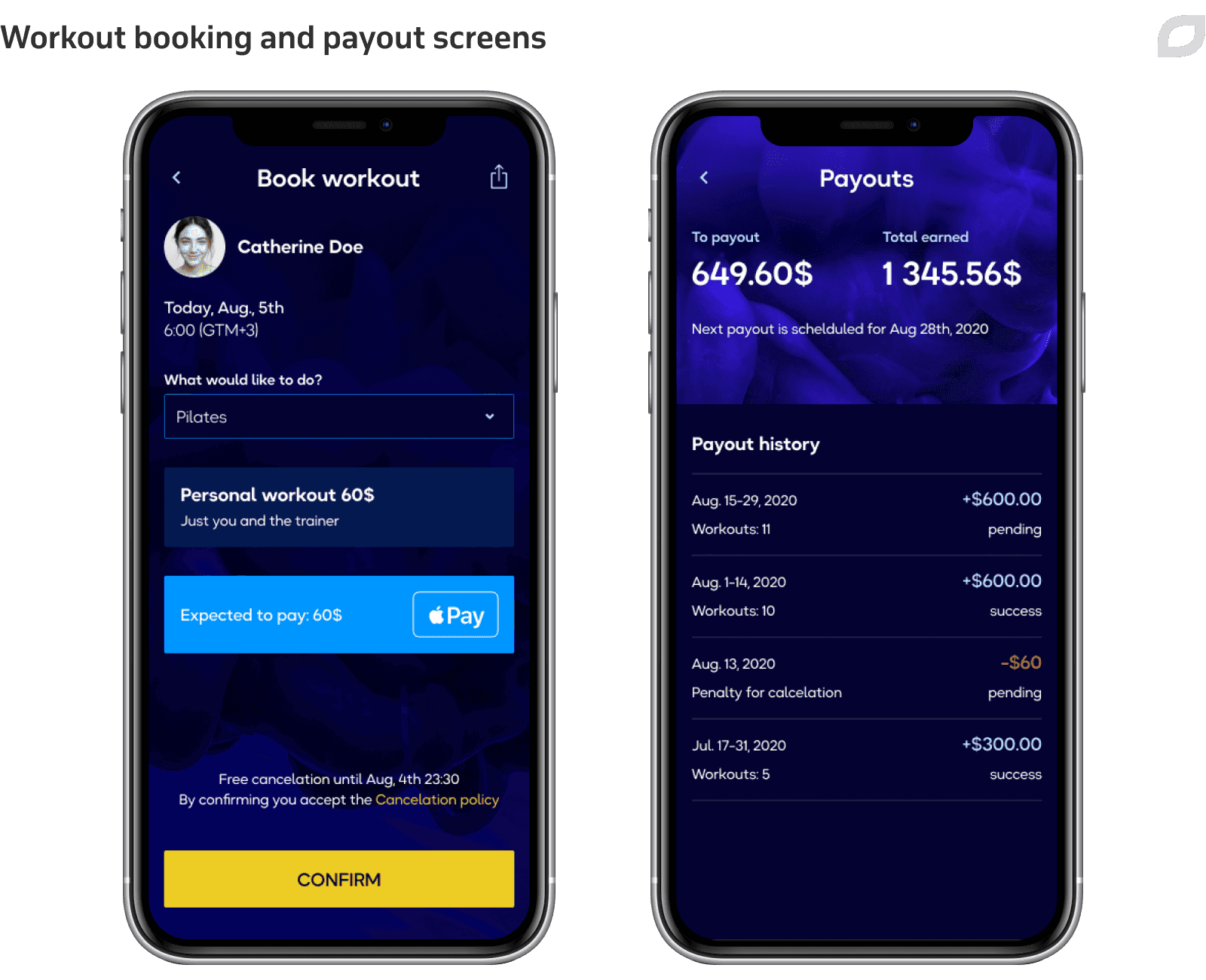 Workout booking and payout screens