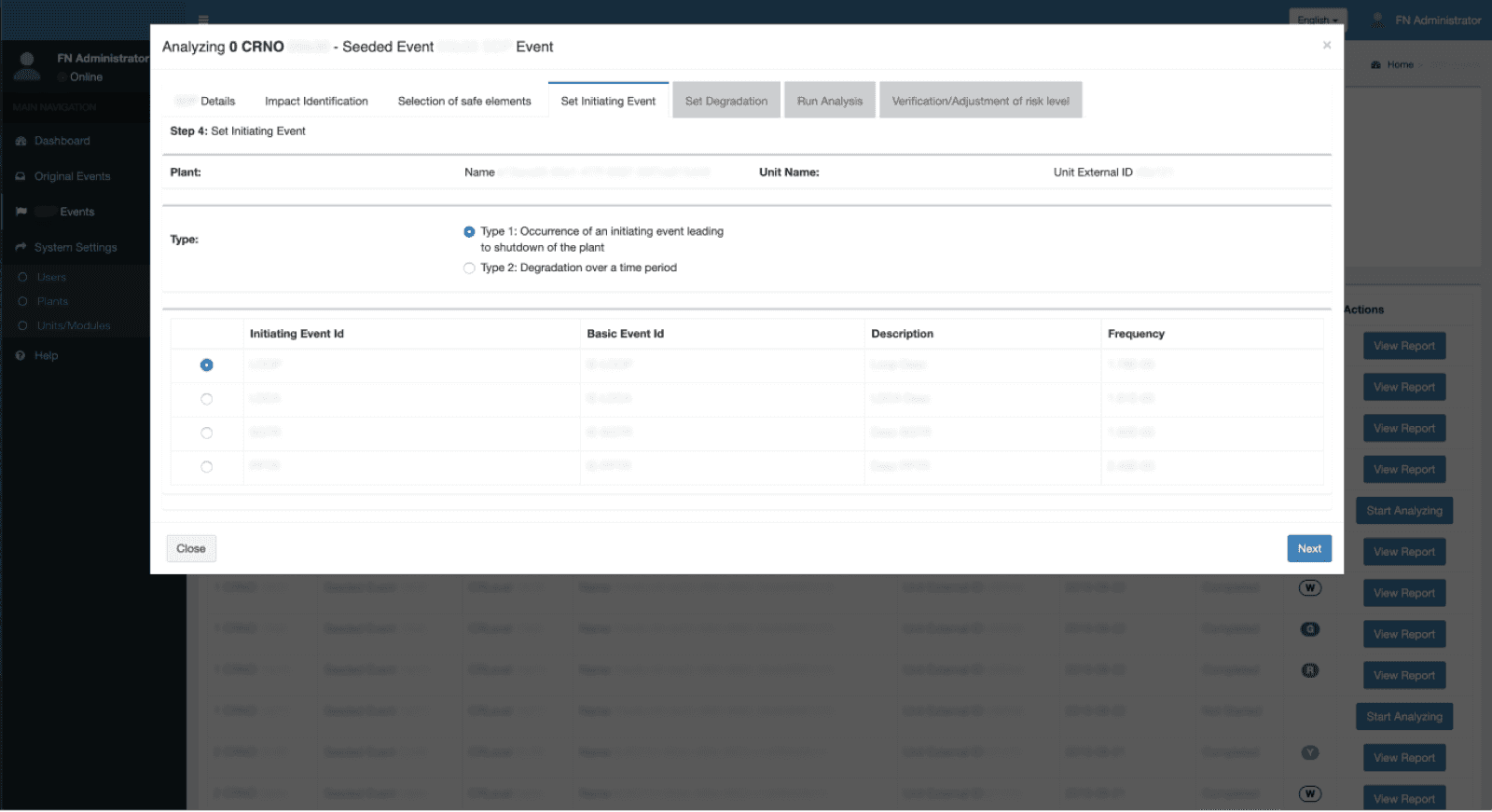 Setting an initiating event by assigning the event type either leading to the plant shutdown or degradation over time