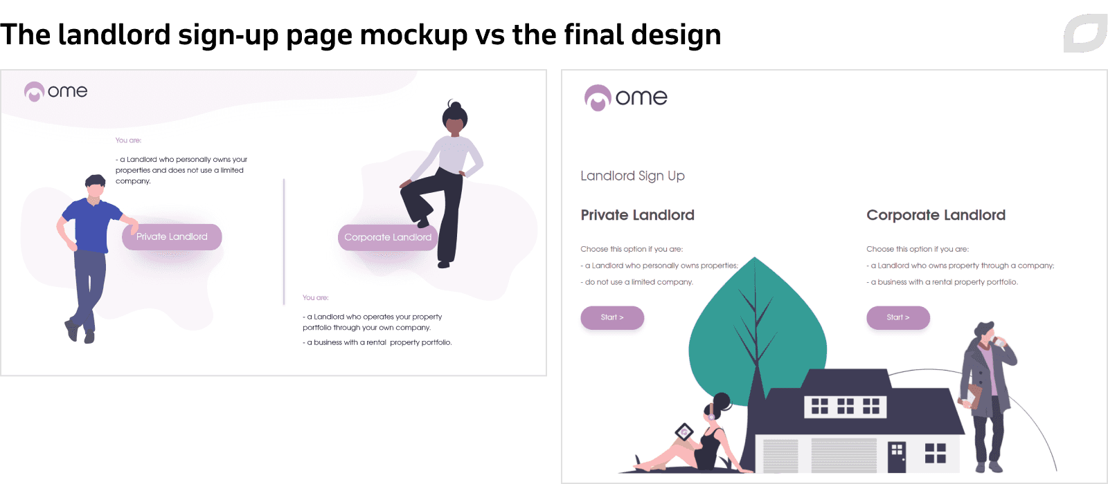 The landlord sign-up page mockup vs the final design